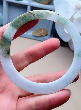 天然A货翡翠乳白飘黄彩飘花手镯59.7mm缅甸老坑洒金双彩薄片玉镯