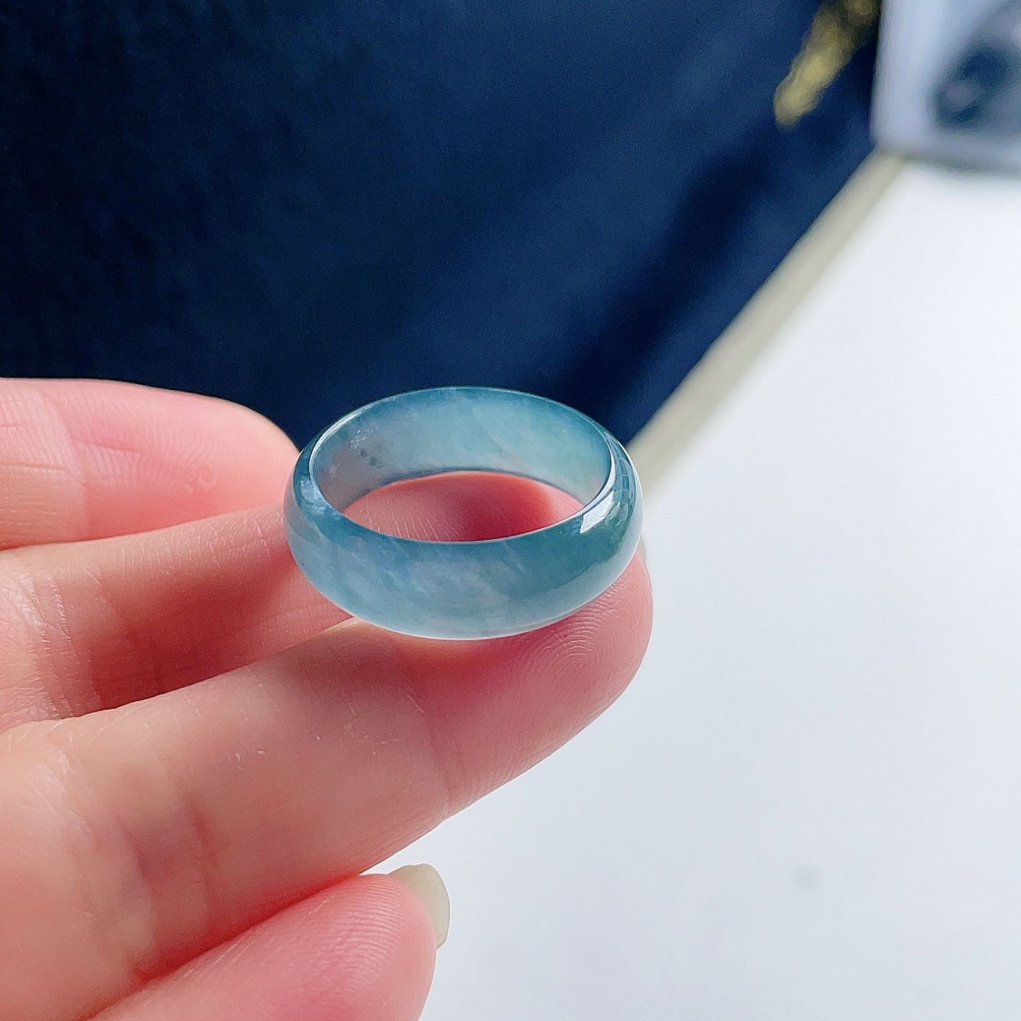 天然翡翠宽边戒指晴水蓝绿飘花