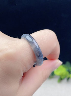 缅甸A货翡翠灰乌鸡飘花戒指23MM天然老坑意境大指环31号玉跑环