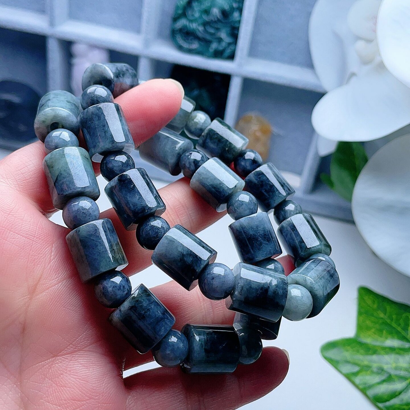 天然A货翡翠路路通手链灰黑乌鸡飘花缅甸老坑桶珠手串意境吉祥