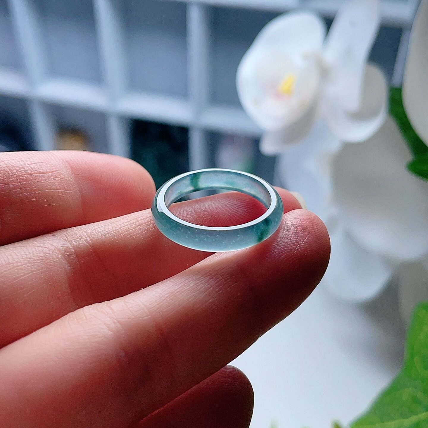 A货翡翠冰种戒指晴水蓝绿飘花双彩18.1mm天然老坑玉指环清新17#