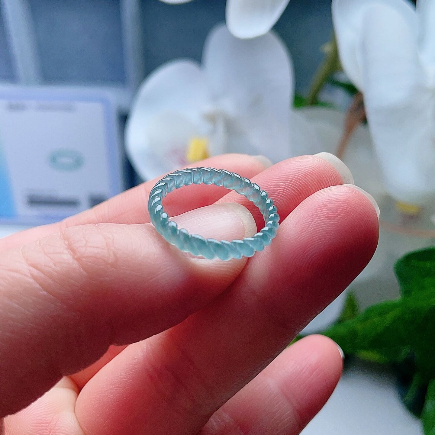 A货翡翠麻花戒指晴水绿17.1mm天然老坑玉指环意境清新优雅百搭14#