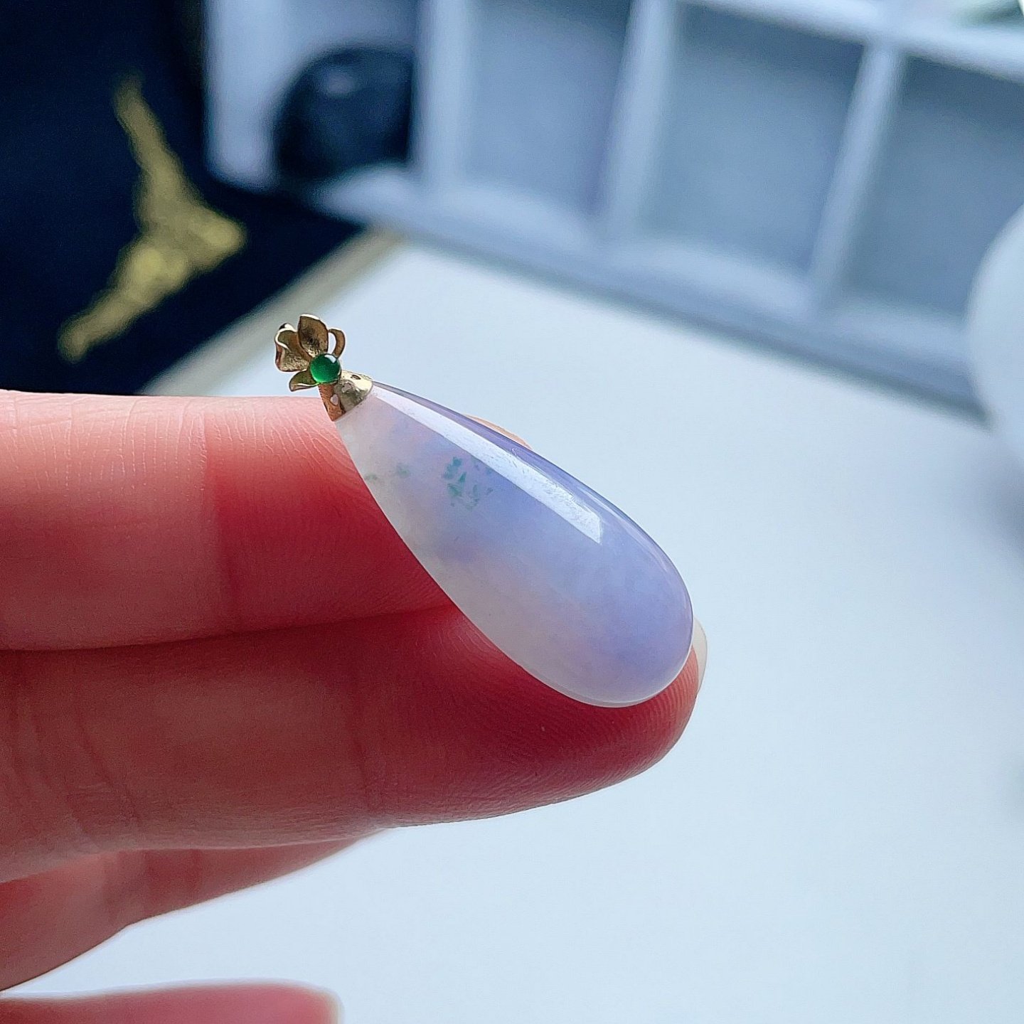 天然A货翡翠水滴吊坠淡紫罗兰飘花缅甸老坑镶嵌18k金扣挂坠进财