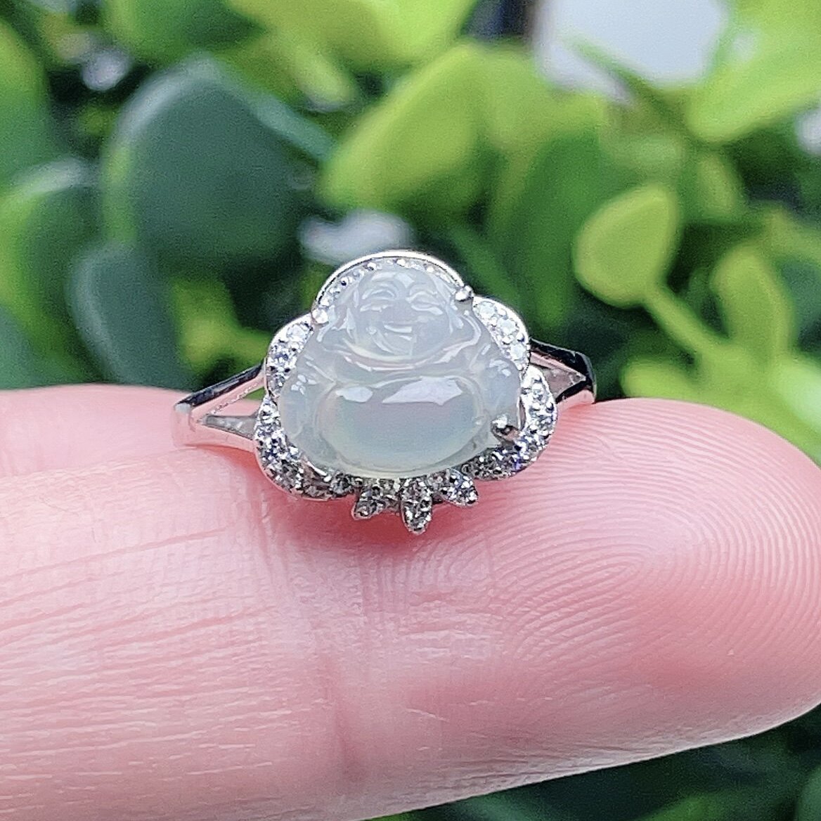 缅甸冰种翡翠玉佛戒指925银镶嵌天然A货笑佛指环迷你佛精美银戒