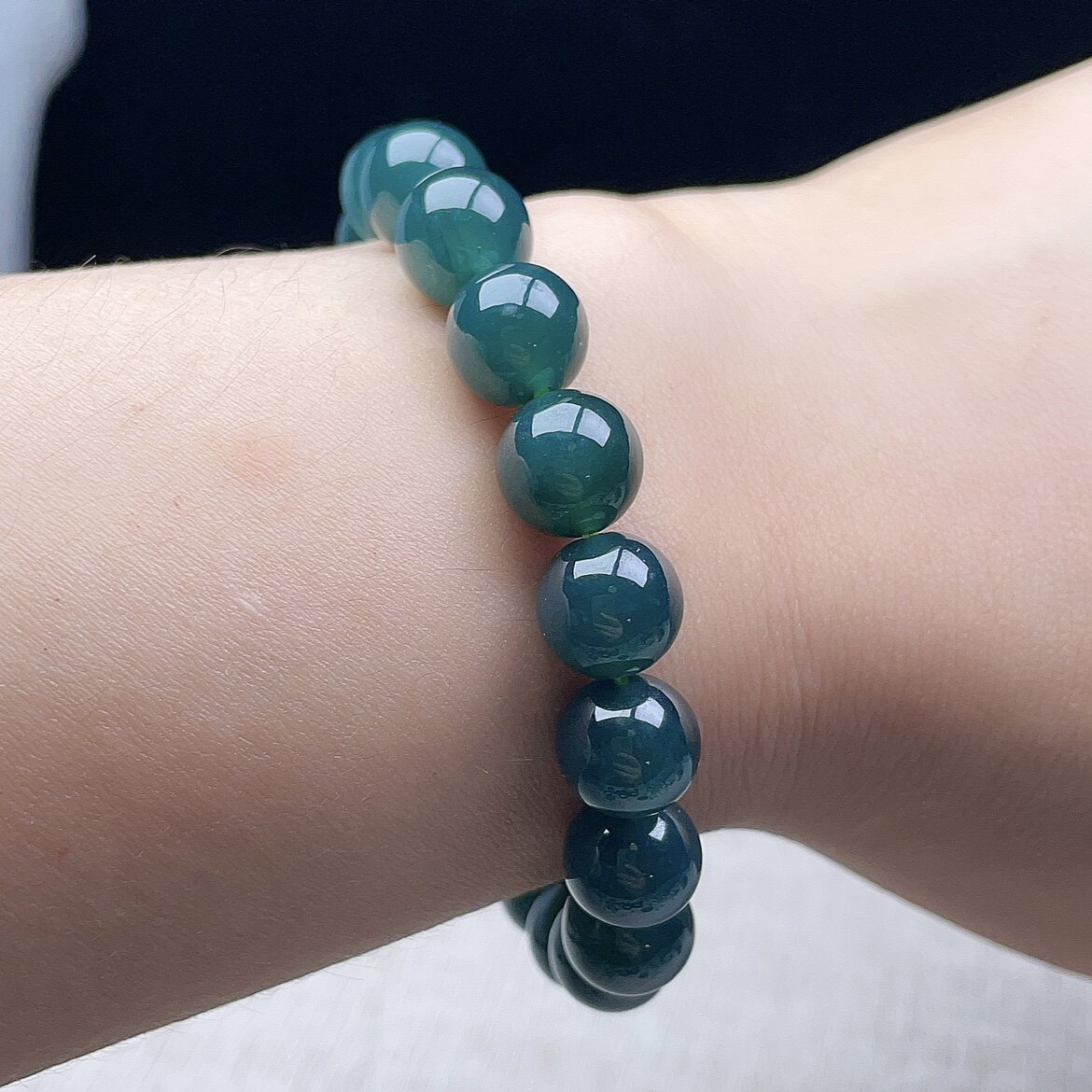 深色A货蓝绿翡翠手链10mm天然老坑湖水蓝绿玉手串念珠把玩