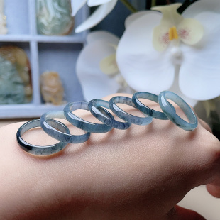 A货翡翠灰蓝飘绿乌鸡戒指天然山水意境飘花玉指环细边粗边可挑选