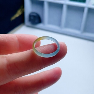 A货翡翠戒指晴水黄翡双彩16.7薄款天然玉细边指环半山半水意境13#