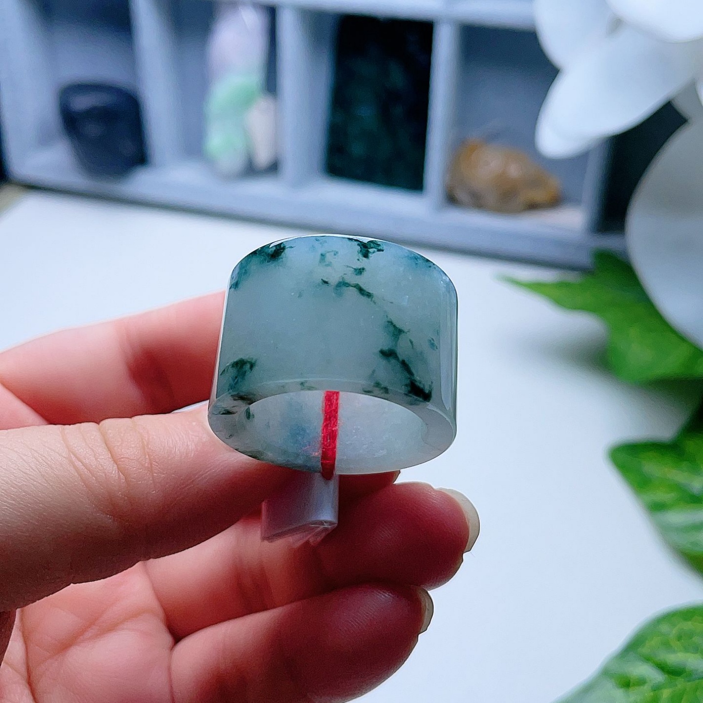 天然翡翠方扳指淡绿飘菠菜绿意境