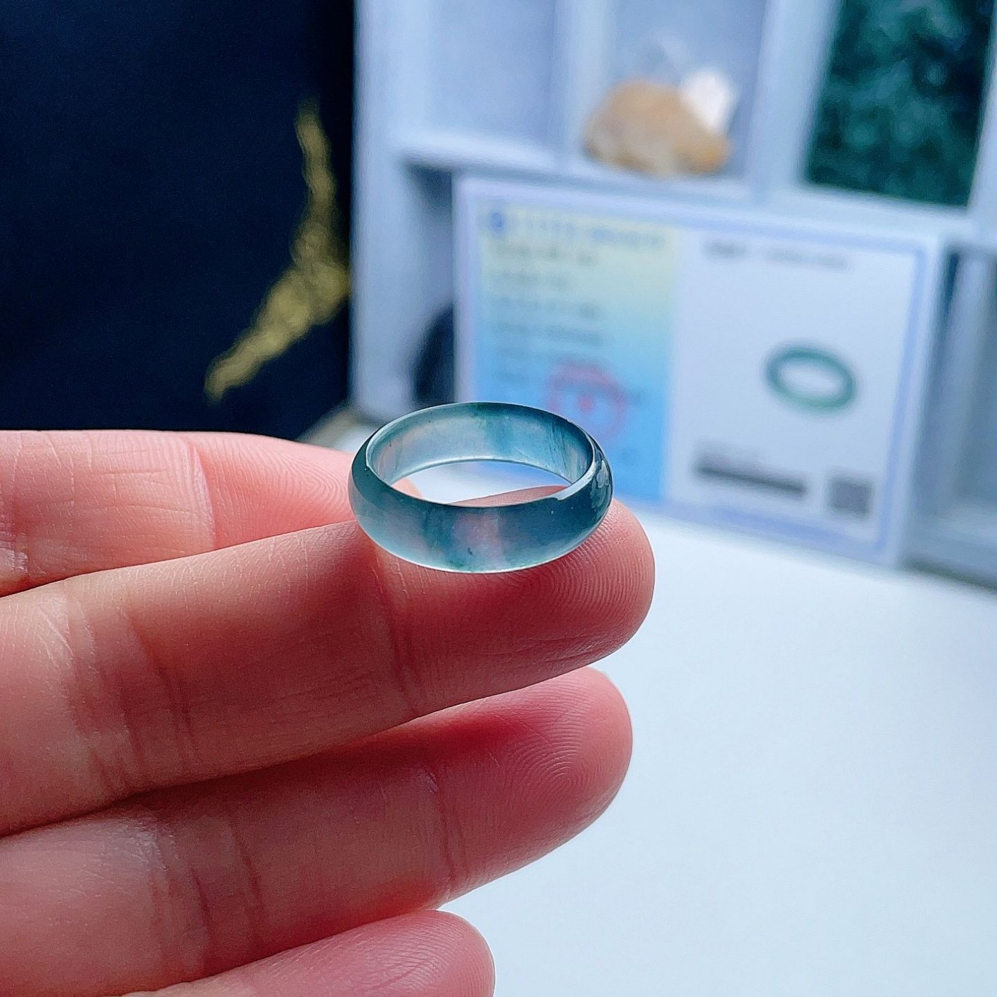 A货翡翠冰种宽边戒指宝蓝绿飘花16.7mm天然老坑玉指环意境清新13#