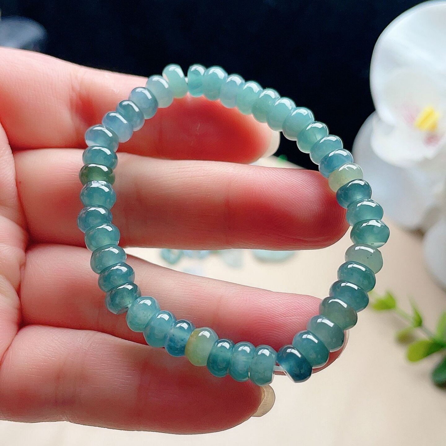 天然翡翠算盘珠手链晴水蓝绿黄彩图片
