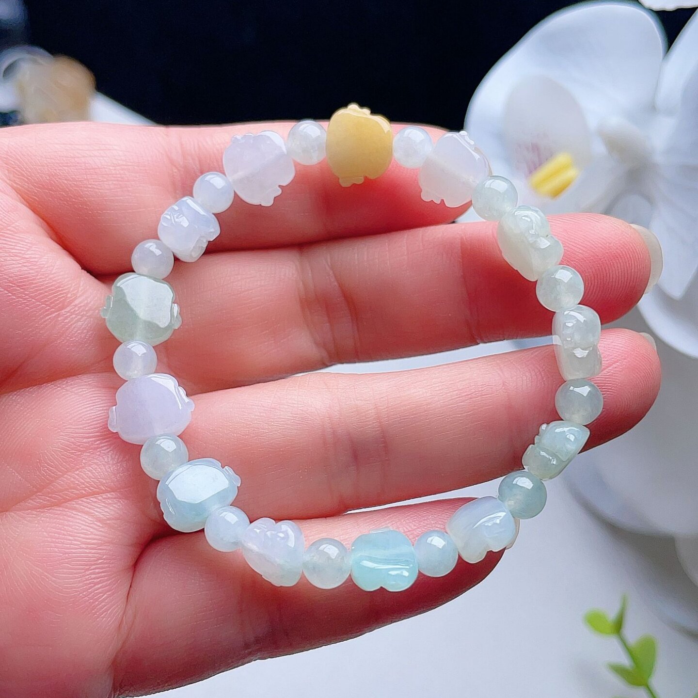 天然翡翠迷你佛头手链白黄绿双彩