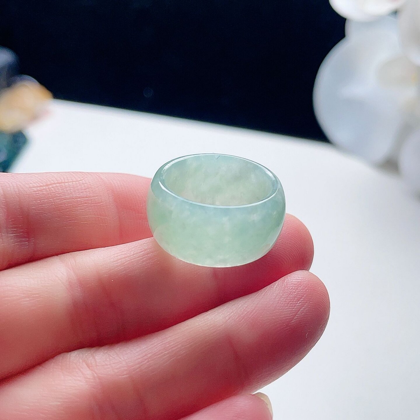 天然A货翡翠扳指淡阳绿甜水绿17.2mm缅甸老坑宽边玉戒指幸运圈14#
