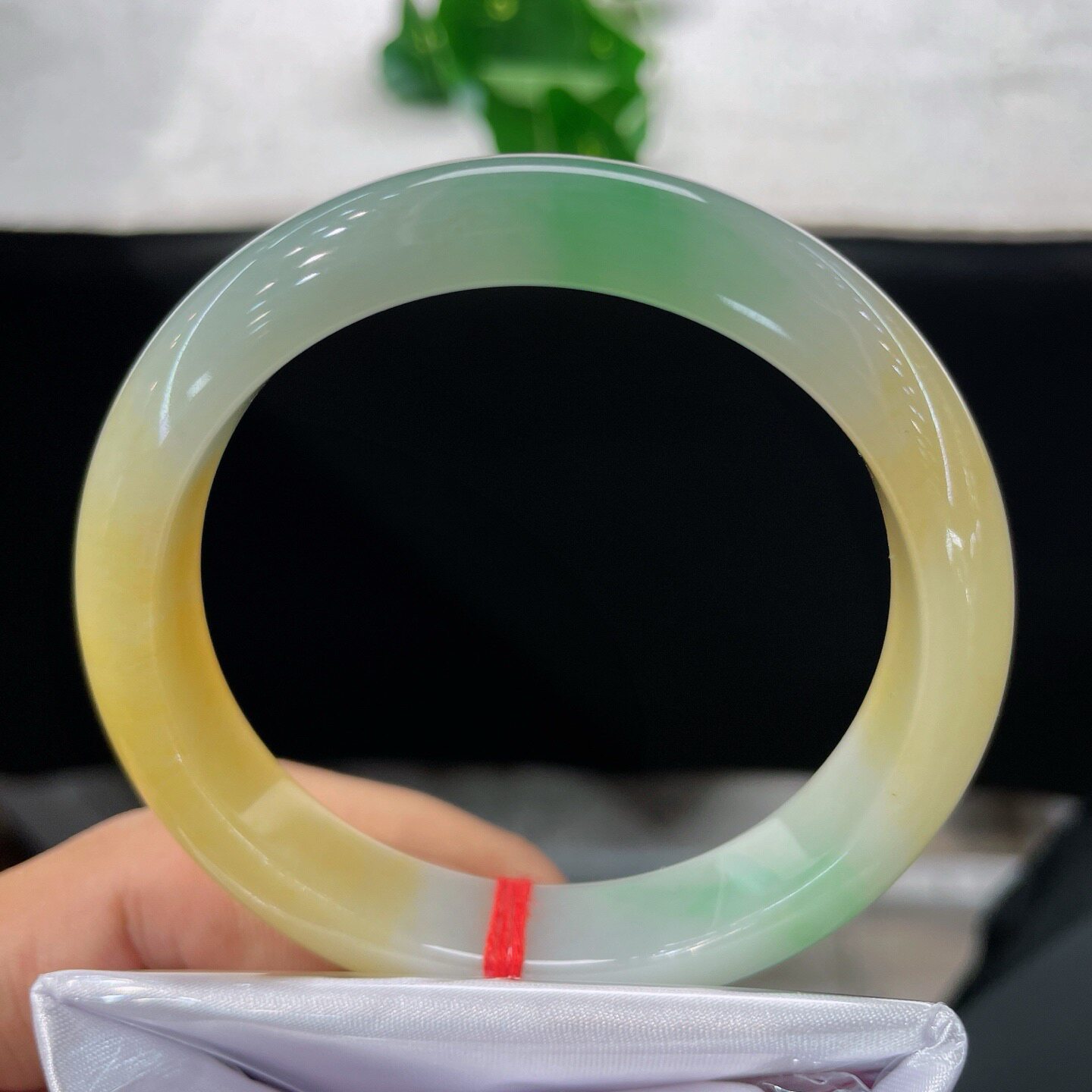天然A货翡翠三彩手镯黄翡飘花缅甸老坑玉镯子57-58mm玉手环巧色