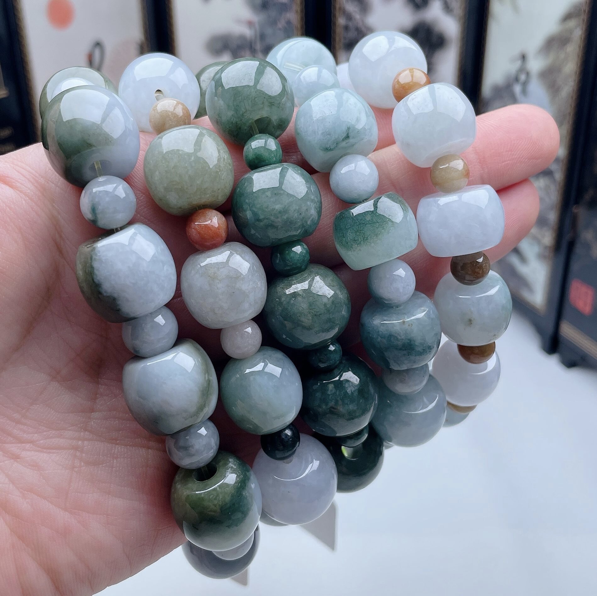 双彩翡翠路路通手链缅甸老坑A货天然鼓形珠飘花手串旺财珠自选