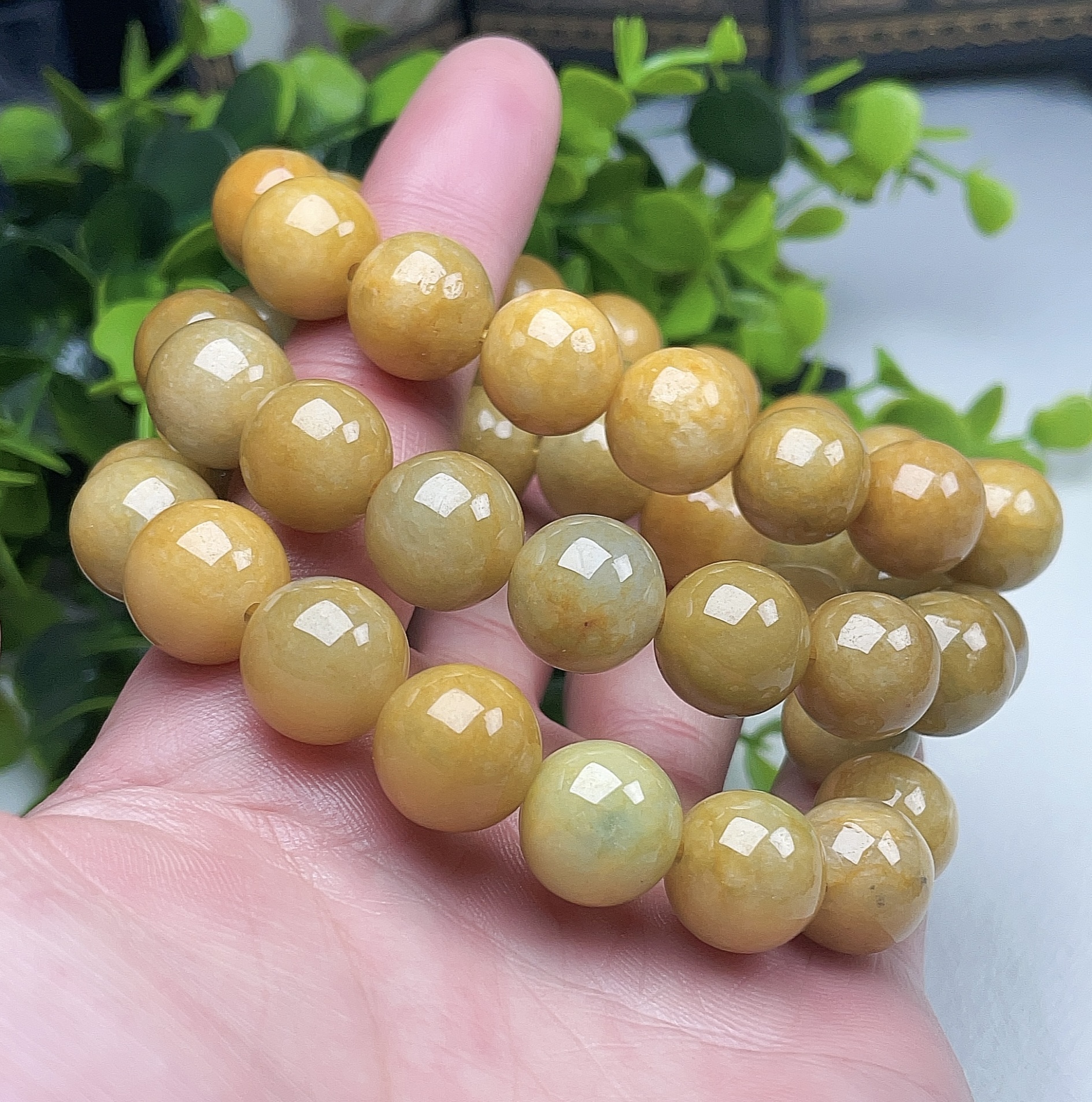 A货黄翡翠手链13mm老坑天然多彩福禄寿圆珠手串手持把玩四会直供