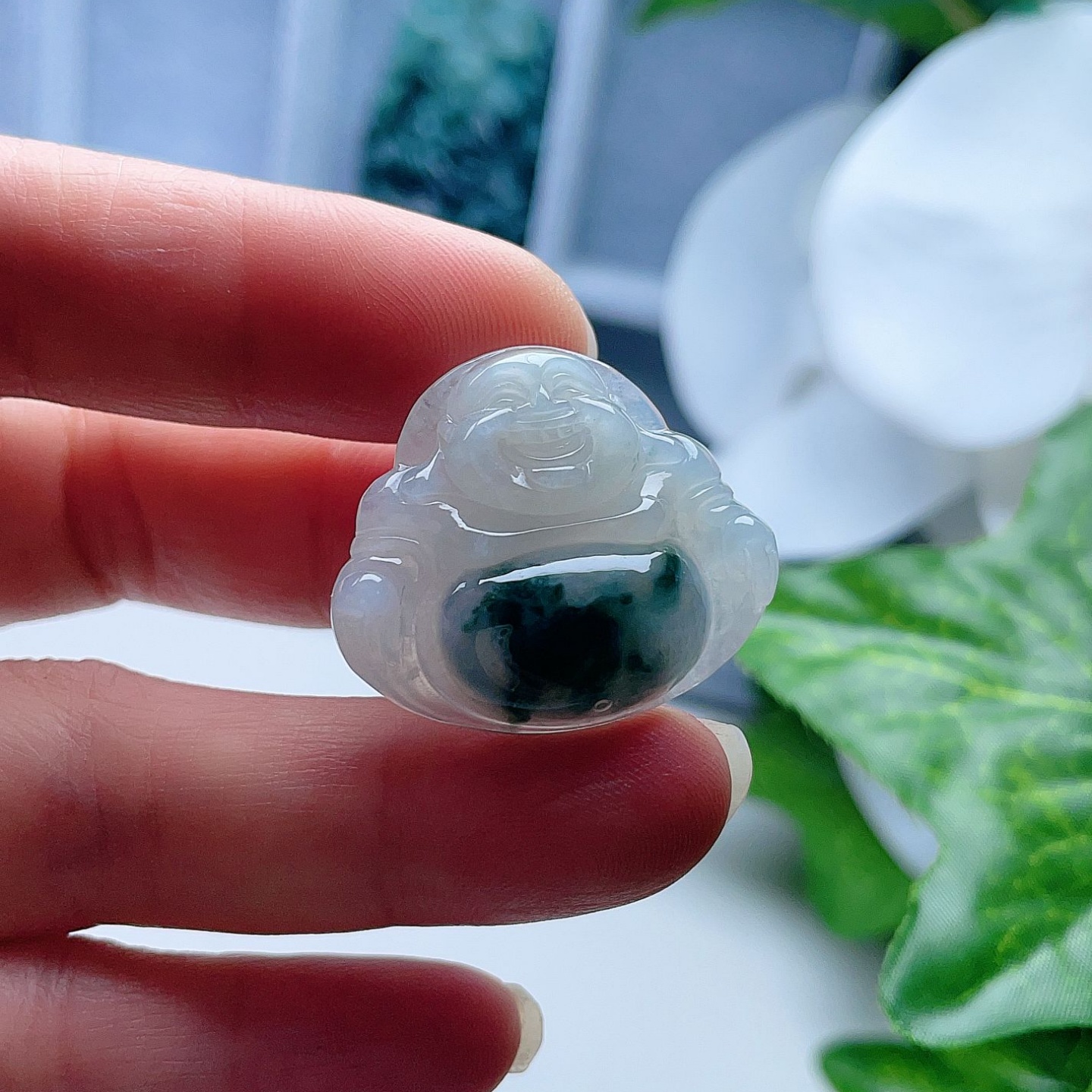 天然A货翡翠弥勒佛吊坠乳白飘菠菜绿缅甸老坑玉佛挂坠吉祥如意