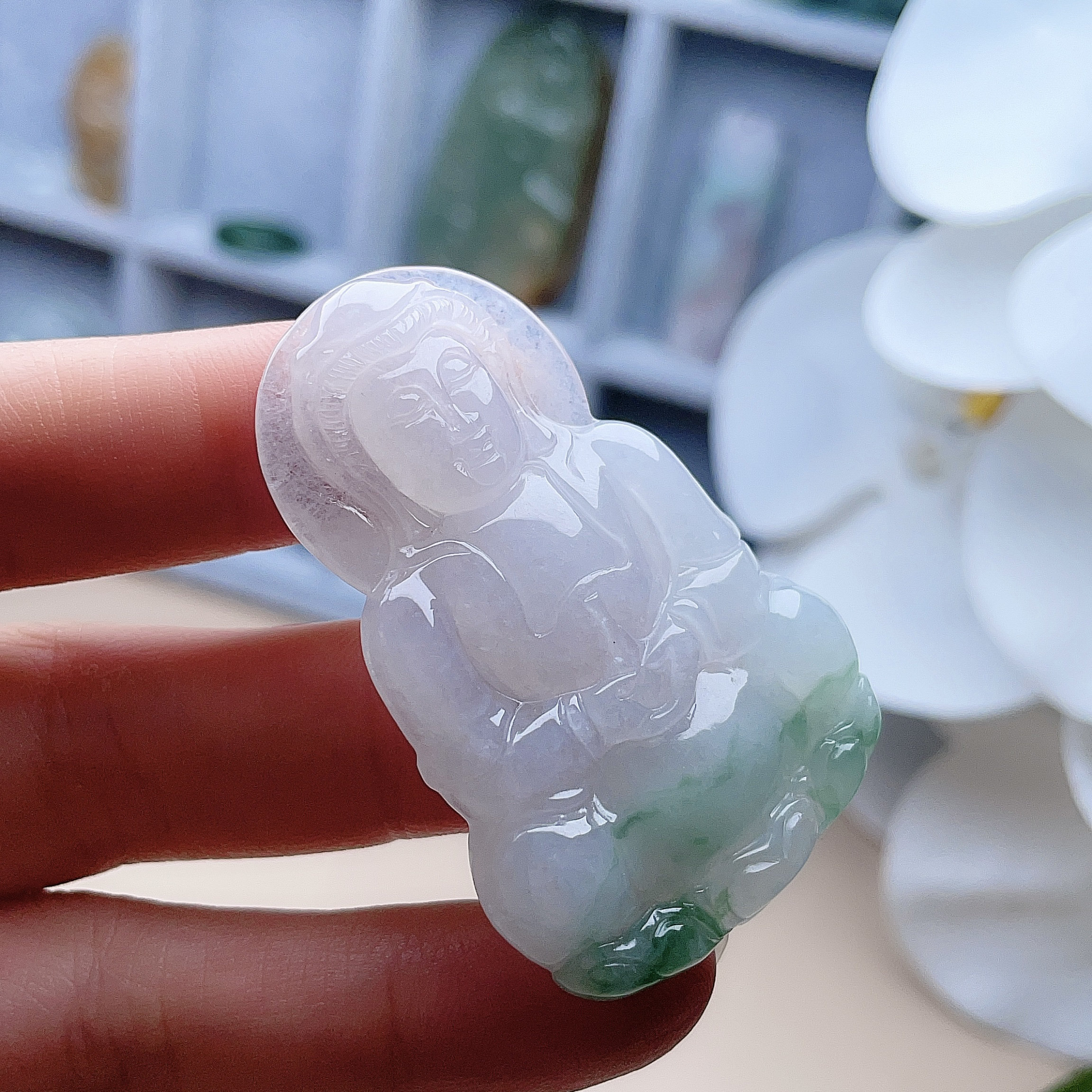 天然翡翠A货白阳绿观音吊坠缅甸玉石半山半水意境观世音玉佩中大