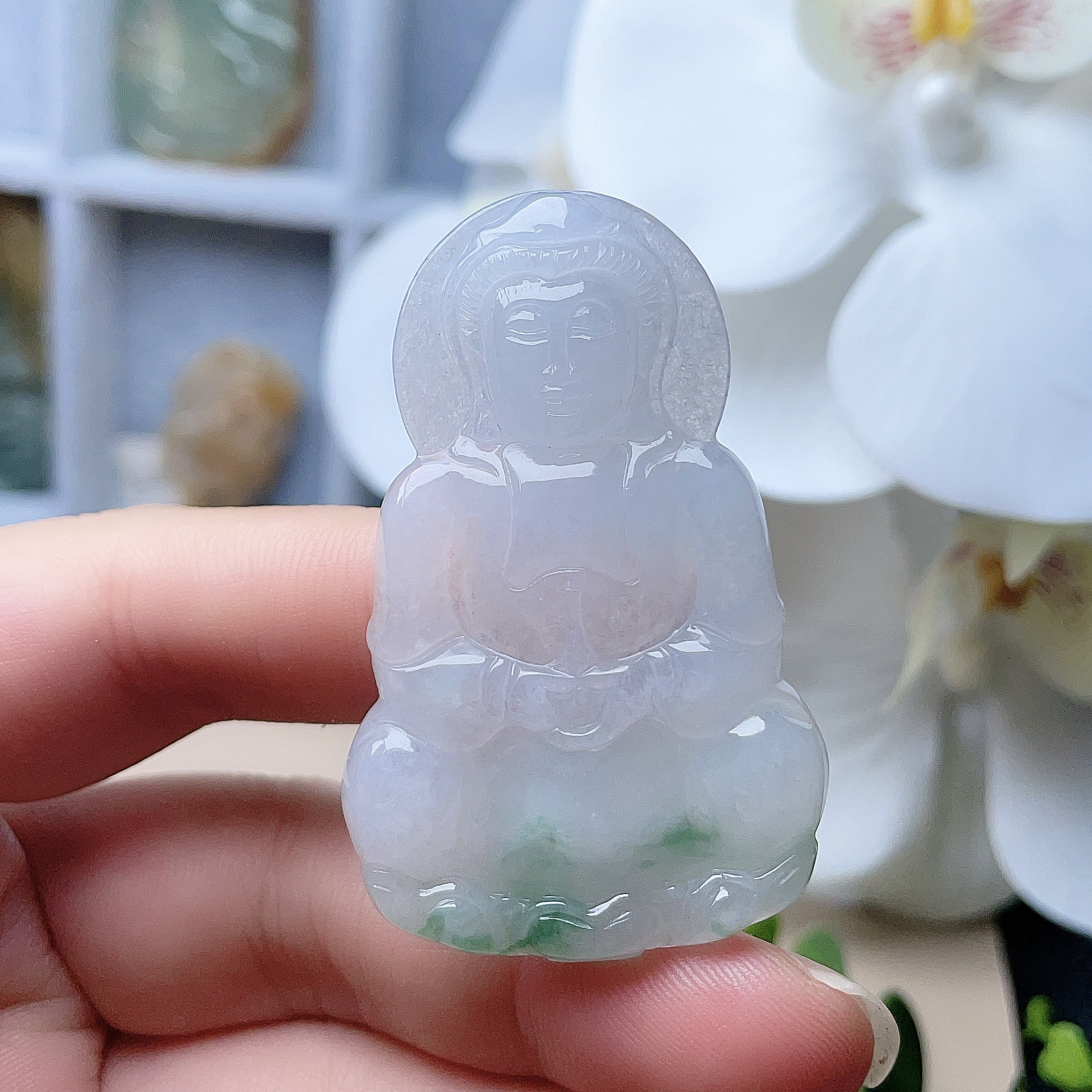 缅甸天然翡翠A货乳白飘阳绿观音53.5玉山水意境莲花托瓶观世音牌