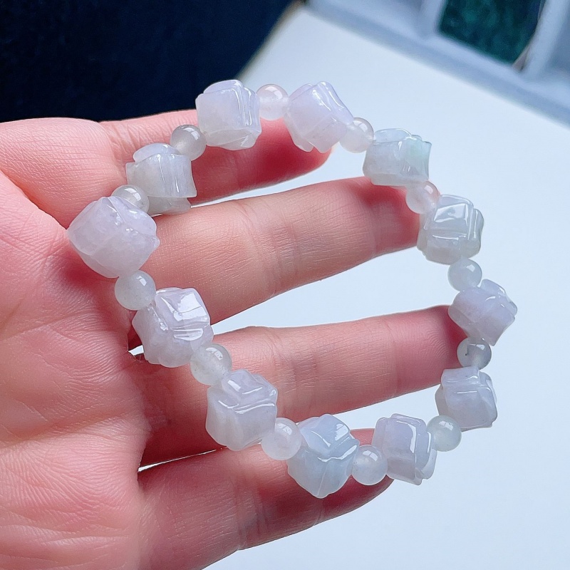 天然A货翡翠乳白淡绿六角无事牌手链缅甸老坑方路路通手串入财