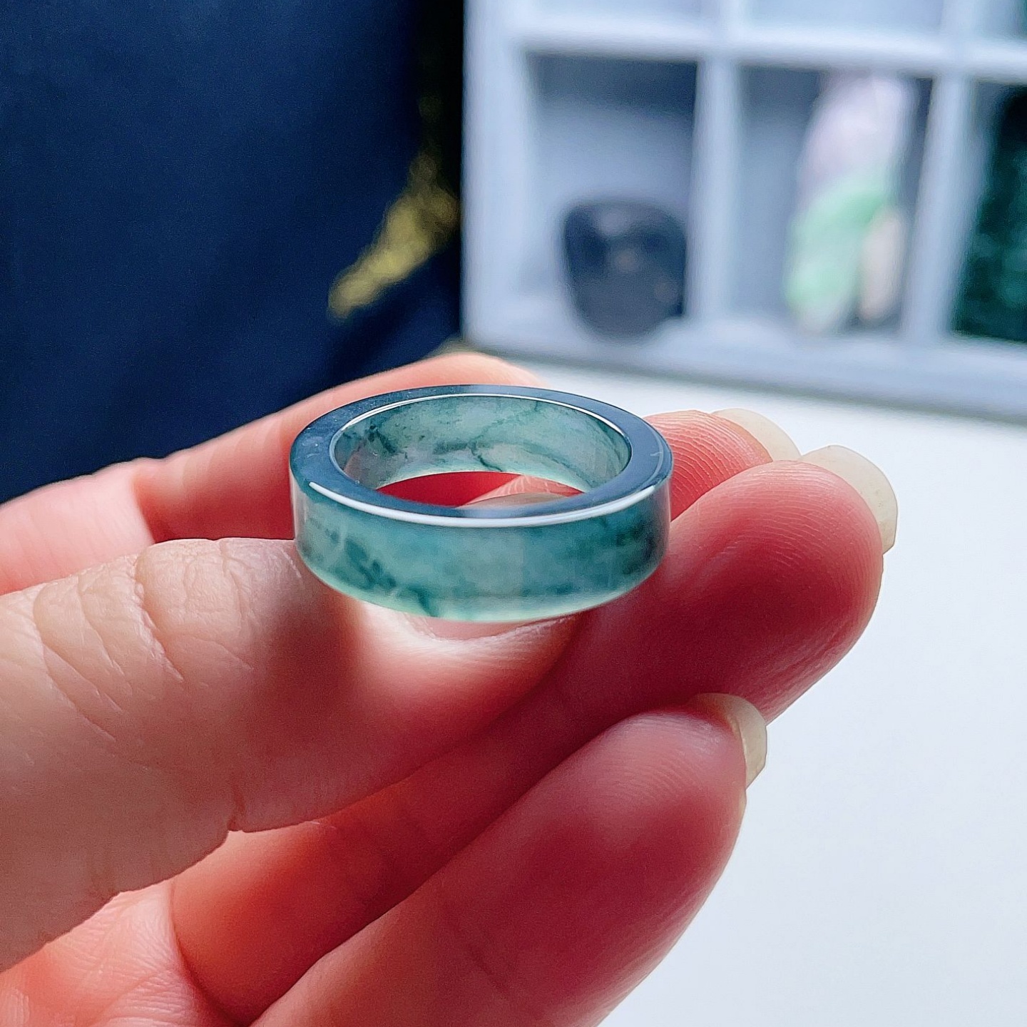 A货翡翠厚装方戒指蓝绿飘花19.1mm天然老坑玉指环意境儒雅百搭20#