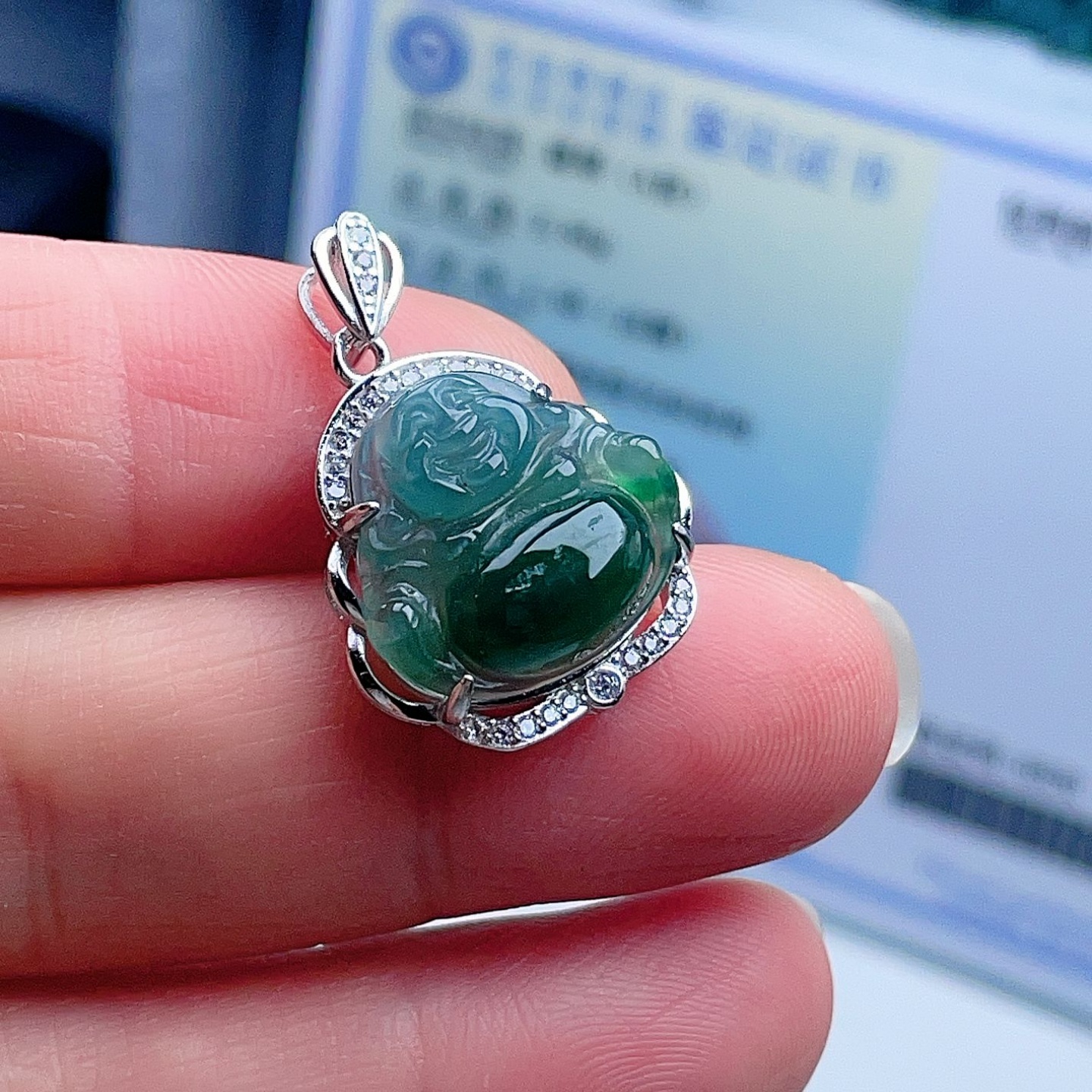 A货翡翠弥勒佛吊坠蓝绿飘阳绿天然老坑玉佛镶嵌925银挂坠吉祥如意