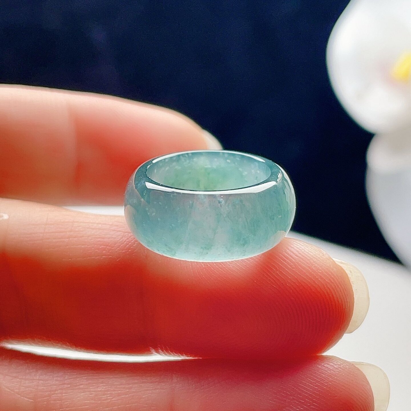 A货翡翠冰种宽边戒指晴水蓝绿飘花14mm天然老坑玉指环飘雪花棉5#