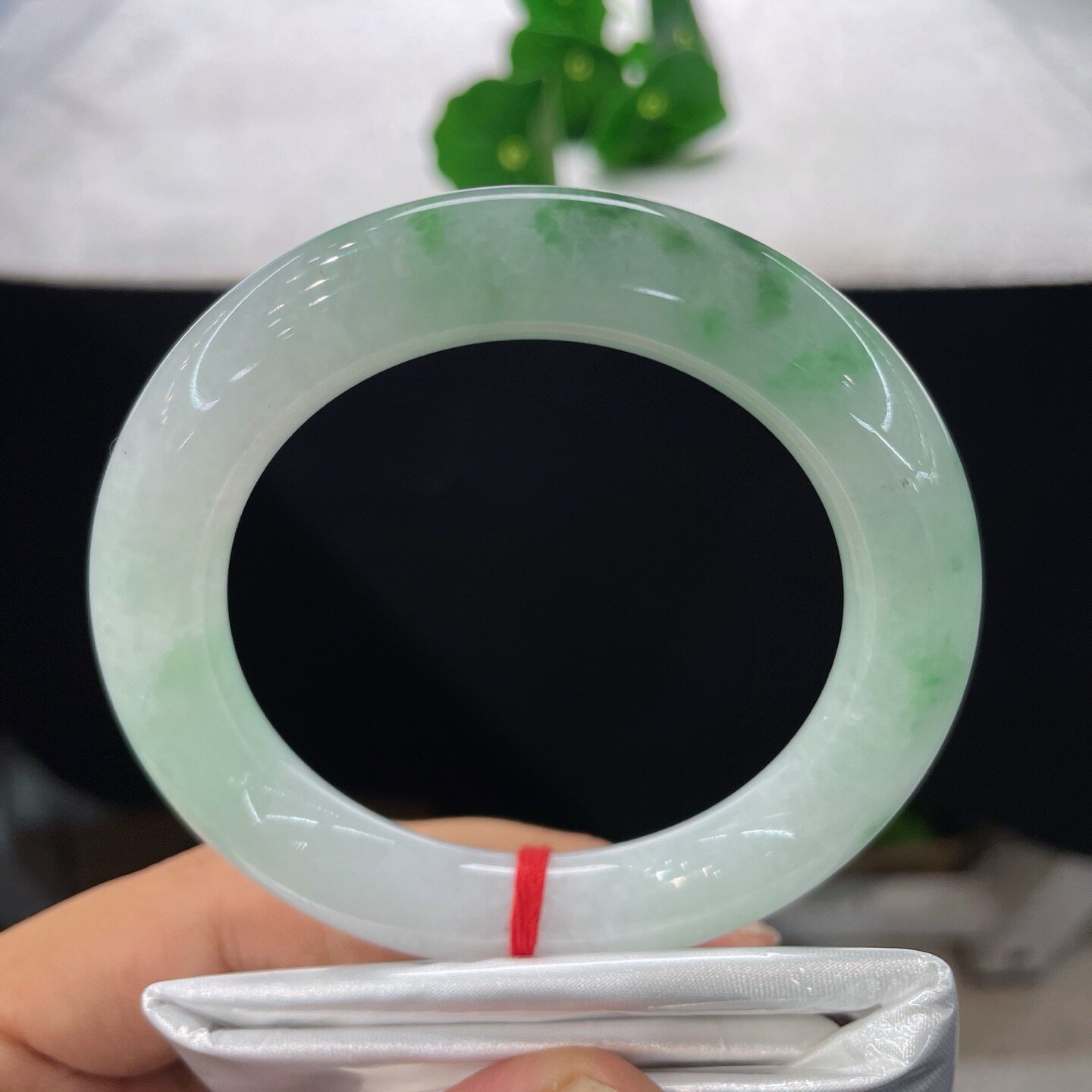 天然A货翡翠圆条手镯乳白飘阳绿54.8mm缅甸老坑玉镯淡绿幸运镯