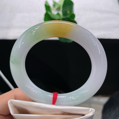 缅甸天然A货翡翠乳白飘黄翡手镯老坑三彩飘花玉镯子56.5圈圆条