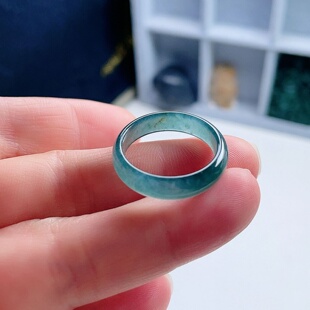 A货翡翠戒指蓝绿飘花洒金19.6mm天然老坑玉指环意境儒雅清新21#