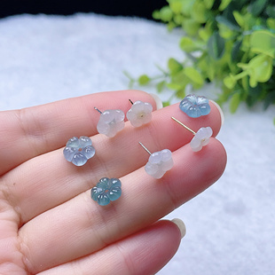 A货翡翠有钱花耳环一对天然老坑玉花镶嵌925银耳钉小花耳饰手链玉