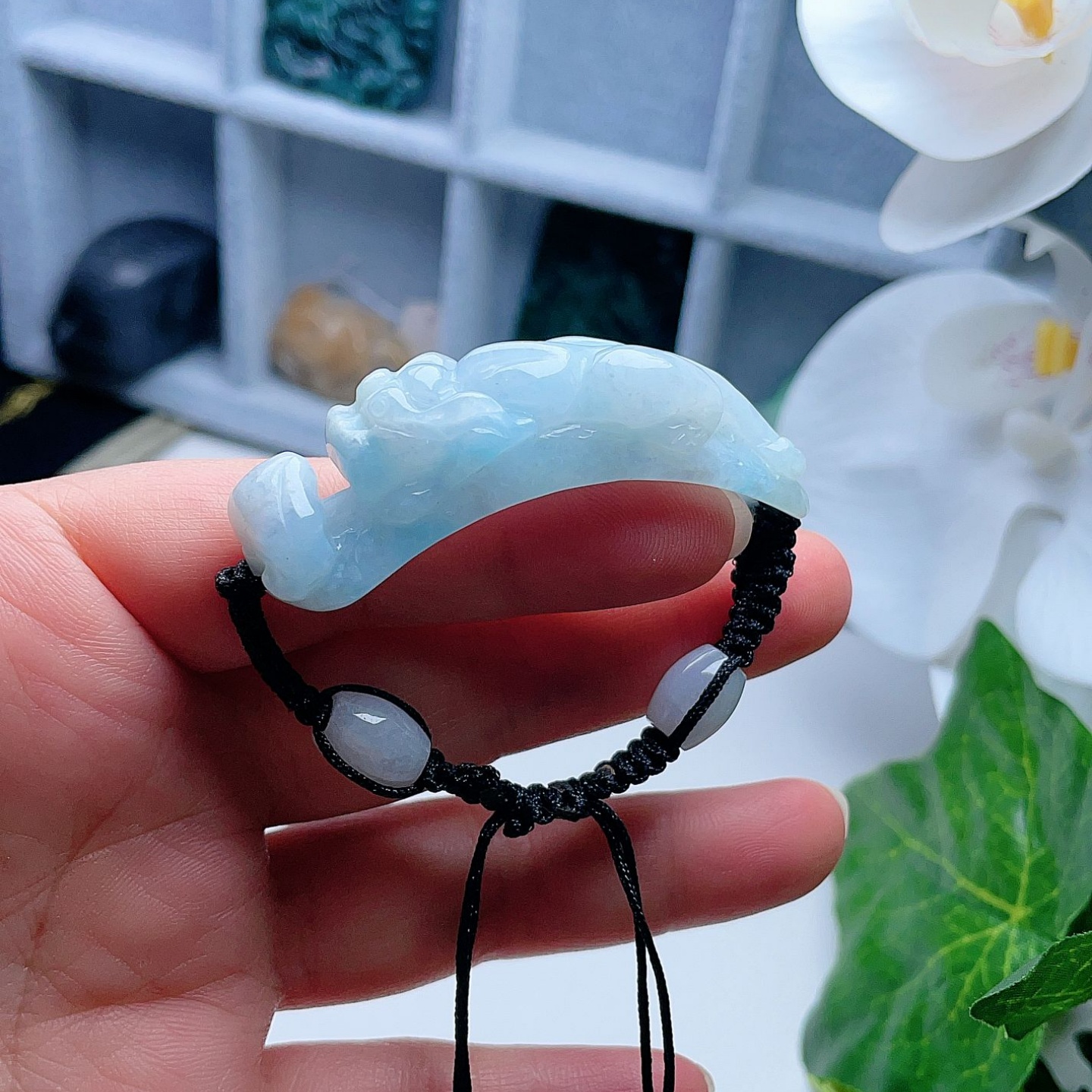 天然翡翠貔貅牌手链乳白飘蓝吉祥