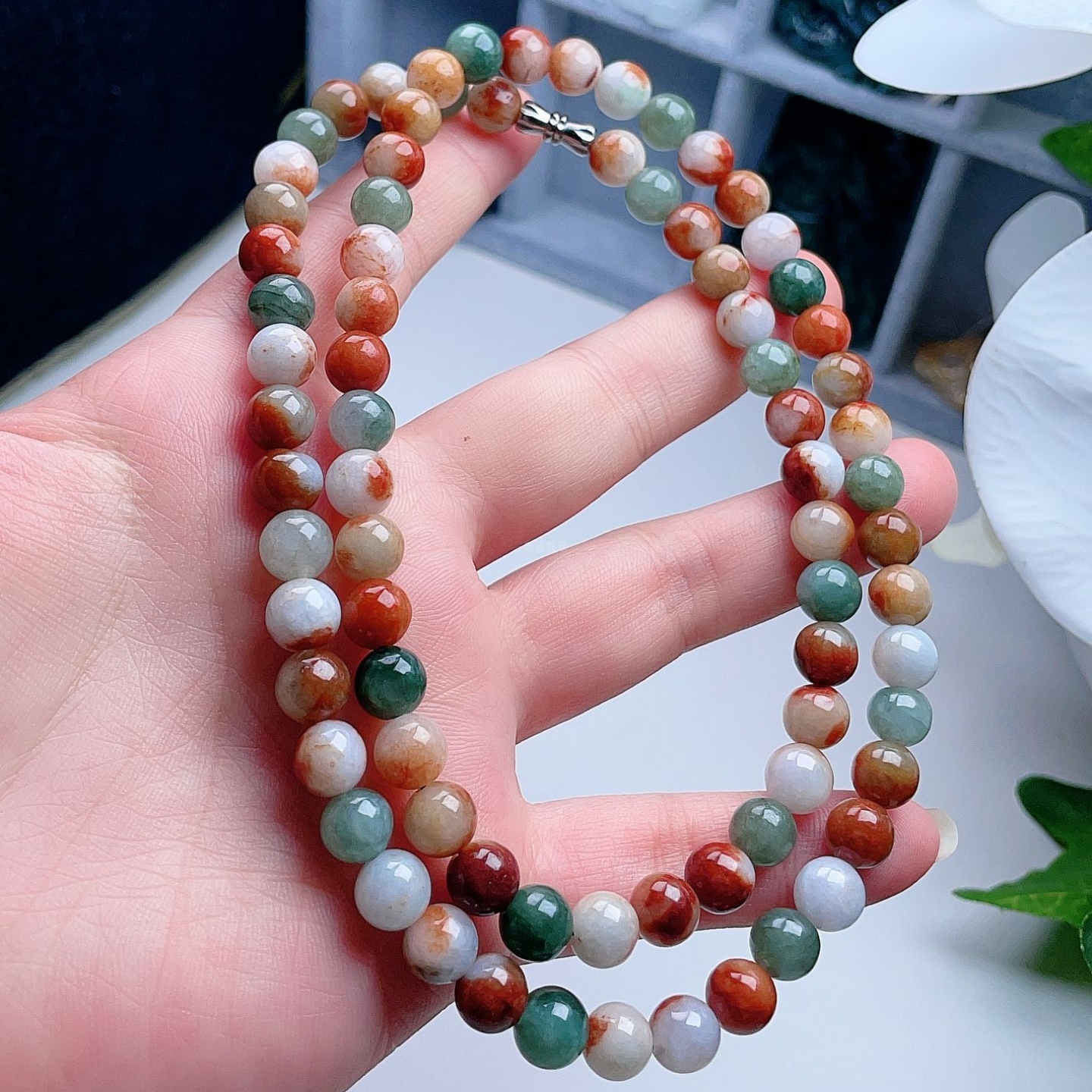 天然翡翠圆珠项链红黄绿福禄寿