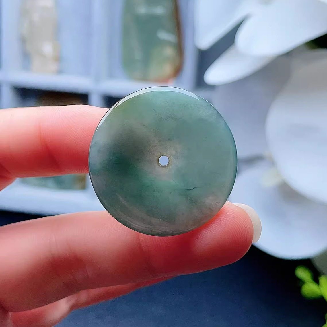 天然A货翡翠油青油绿一抹黄飘花平安扣吊坠缅甸老坑玉佩一生平安