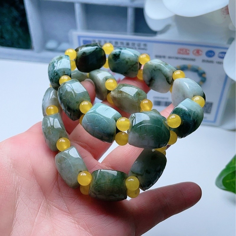 天然A货翡翠乳白油绿龟牌手链缅甸老坑玉龟黄珠手串福禄寿入财