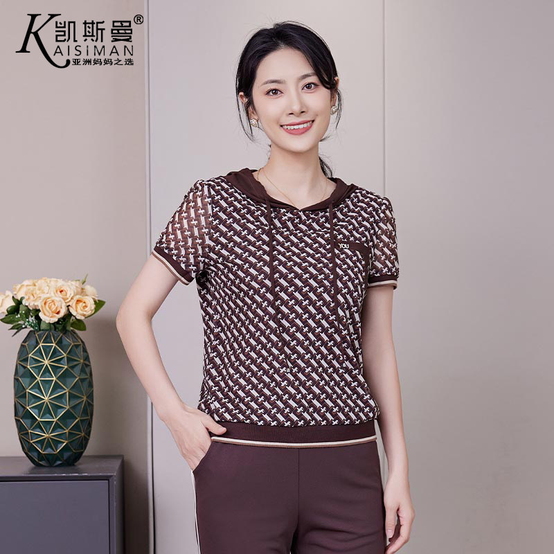 凯斯曼2026夏新款中老年女装加大码妈妈装运动休闲连帽上衣23067