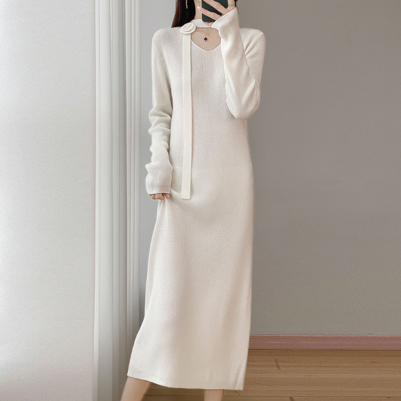 2025秋冬长款毛衣裙女100羊毛衫V领配大衣内搭针织打底长裙新