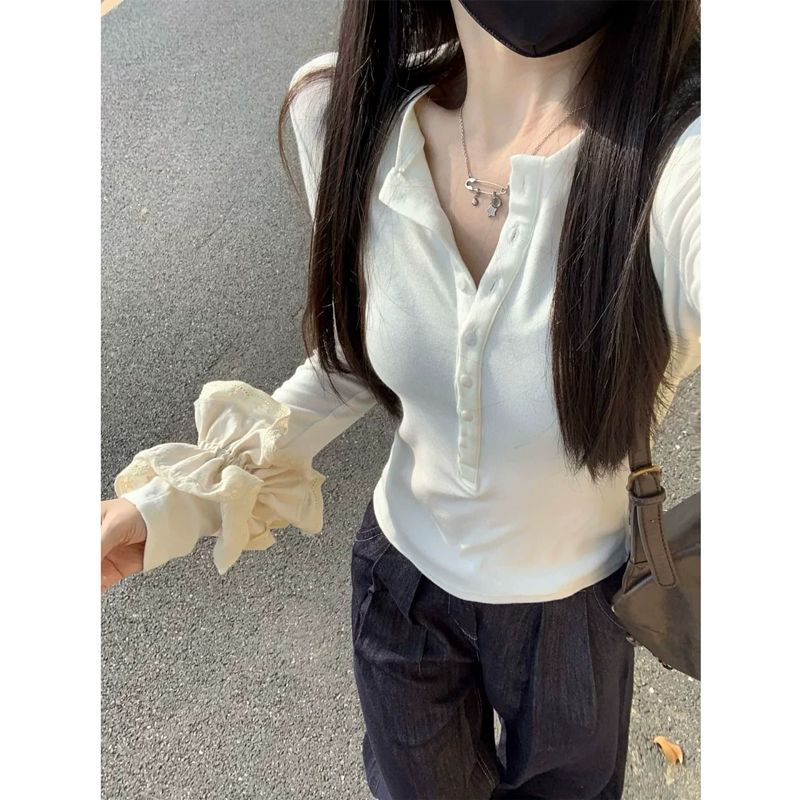 甜辣妹小众亨利领长袖T恤女春秋季bm修身显瘦打底衫纽扣正肩上衣