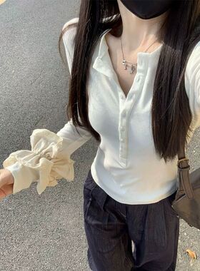 甜辣妹小众亨利领长袖T恤女春秋季bm修身显瘦打底衫纽扣正肩上衣