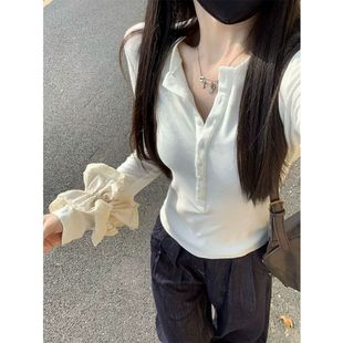 显瘦打底衫 bm修身 纽扣正肩上衣 T恤女春秋季 甜辣妹小众亨利领长袖