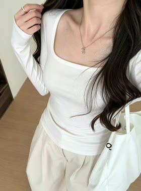 秋冬季韩版简约修身百搭打底衫女方领长袖t恤U领紧身内搭保暖上衣
