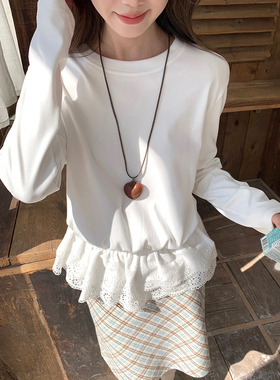 白色蕾丝花边德绒长袖T恤秋冬设计感圆领拼接修身圆领内搭打底衫