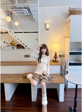 高领爱心蕾丝蝴蝶结内搭打底衫秋冬荷叶边设计感修身显瘦长袖上衣