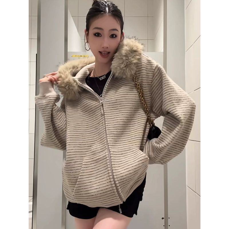 秋冬复古拼接撞色慵懒开衫外套美式重磅宽松加绒毛领条纹连帽卫衣