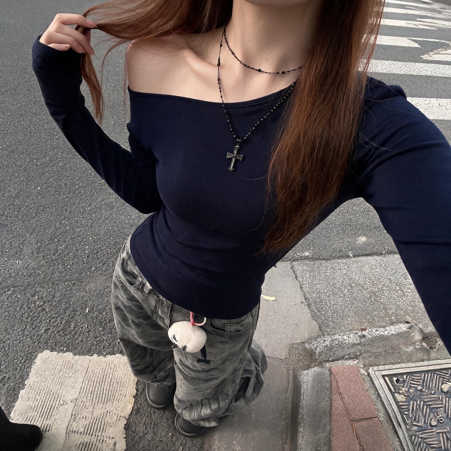美式辣妹风百搭露肩上衣斜肩长袖T恤