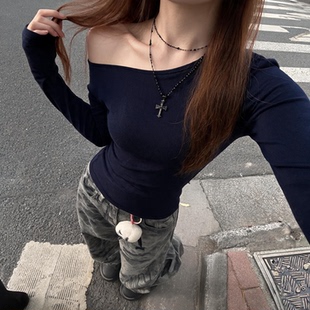 美式辣妹风百搭露肩上衣斜肩长袖t恤女修身纯色一字肩氨纶打底衫