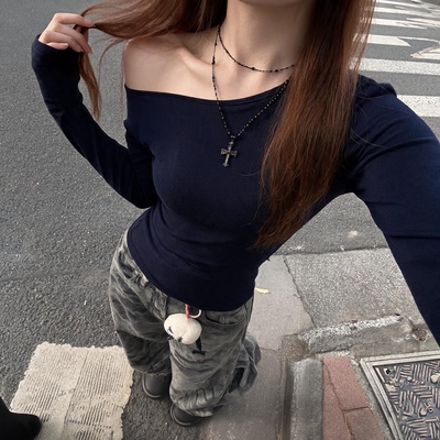 美式辣妹风百搭露肩上衣斜肩长袖t恤女修身纯色一字肩氨纶打底衫