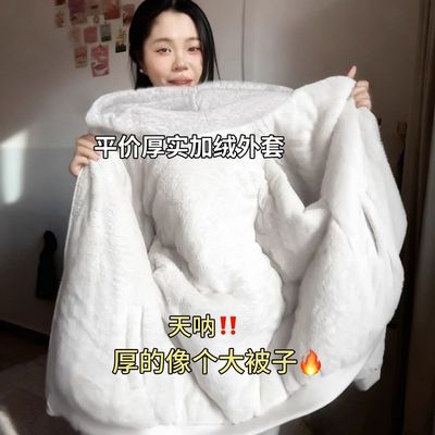 重磅冬季加厚羊羔绒开衫外套美式复古灰色宽松慵懒秋冬连帽卫衣女