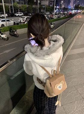 美式复古毛领短款双拉链开衫外套秋冬重磅加绒修身百搭连帽卫衣女