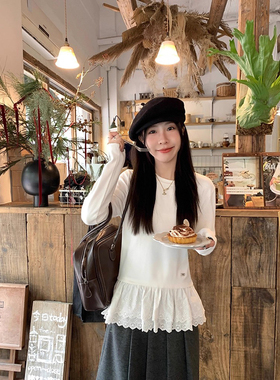 秋冬蕾丝花边拼接打底T恤衫韩版chic小众白色德绒内搭长袖上衣女