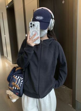 重磅深灰色复古长袖连帽卫衣美式秋冬休闲百搭瑜伽运动开衫外套女